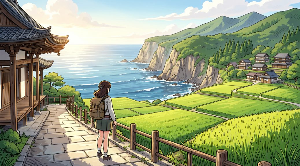 Illustration manga d’une jeune voyageuse parcourant les paysages variés de Shikoku entre temples, falaises côtières, rizières verdoyantes et village de montagne.