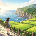 Illustration manga d’une jeune voyageuse parcourant les paysages variés de Shikoku entre temples, falaises côtières, rizières verdoyantes et village de montagne.