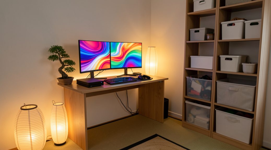 Coin gaming japonais soigneusement rangé dans une chambre d’adolescent, avec bureau en bois, écrans, console, manettes, lampe douce, bonsaï et rangements organisés.