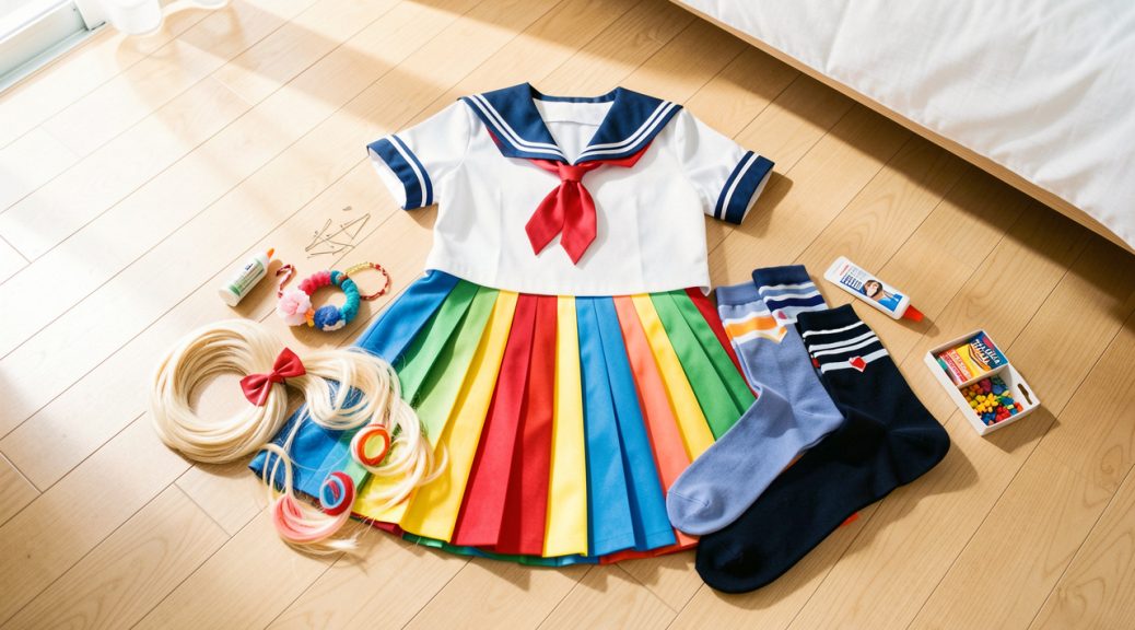 Tenue de cosplay japonaise complète pour débutant, composée de vêtements colorés, d’une perruque, d’accessoires et de matériel de création sans couture.
