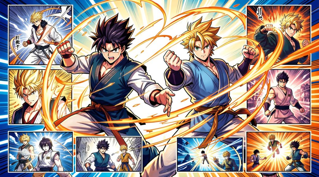 Illustration manga colorée montrant deux guerriers masculins aux cheveux hérissés dans des poses dynamiques, entourés d’énergie lumineuse et de panneaux abstraits évoquant une chronologie d’aventures héroïques.