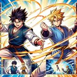 Illustration manga colorée montrant deux guerriers masculins aux cheveux hérissés dans des poses dynamiques, entourés d’énergie lumineuse et de panneaux abstraits évoquant une chronologie d’aventures héroïques.