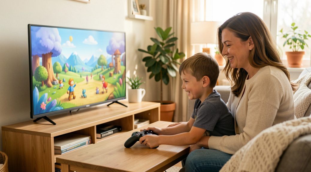 Un garçon de 9 ans choisit un jeu vidéo adapté à son âge avec sa mère dans un salon chaleureux, devant une télévision affichant un paysage d’aventure sans écriture.