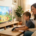 Un garçon de 9 ans choisit un jeu vidéo adapté à son âge avec sa mère dans un salon chaleureux, devant une télévision affichant un paysage d’aventure sans écriture.