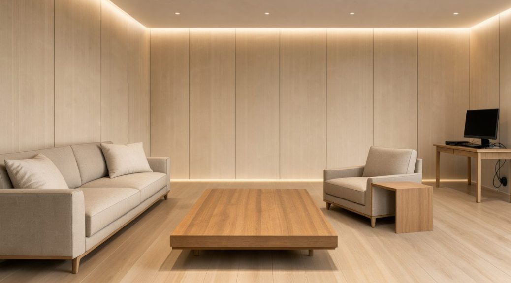 Salon japonais contemporain et épuré avec table basse, panneaux de bois clair, coin gaming discret et éclairage chaleureux.
