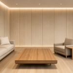 Salon japonais contemporain et épuré avec table basse, panneaux de bois clair, coin gaming discret et éclairage chaleureux.